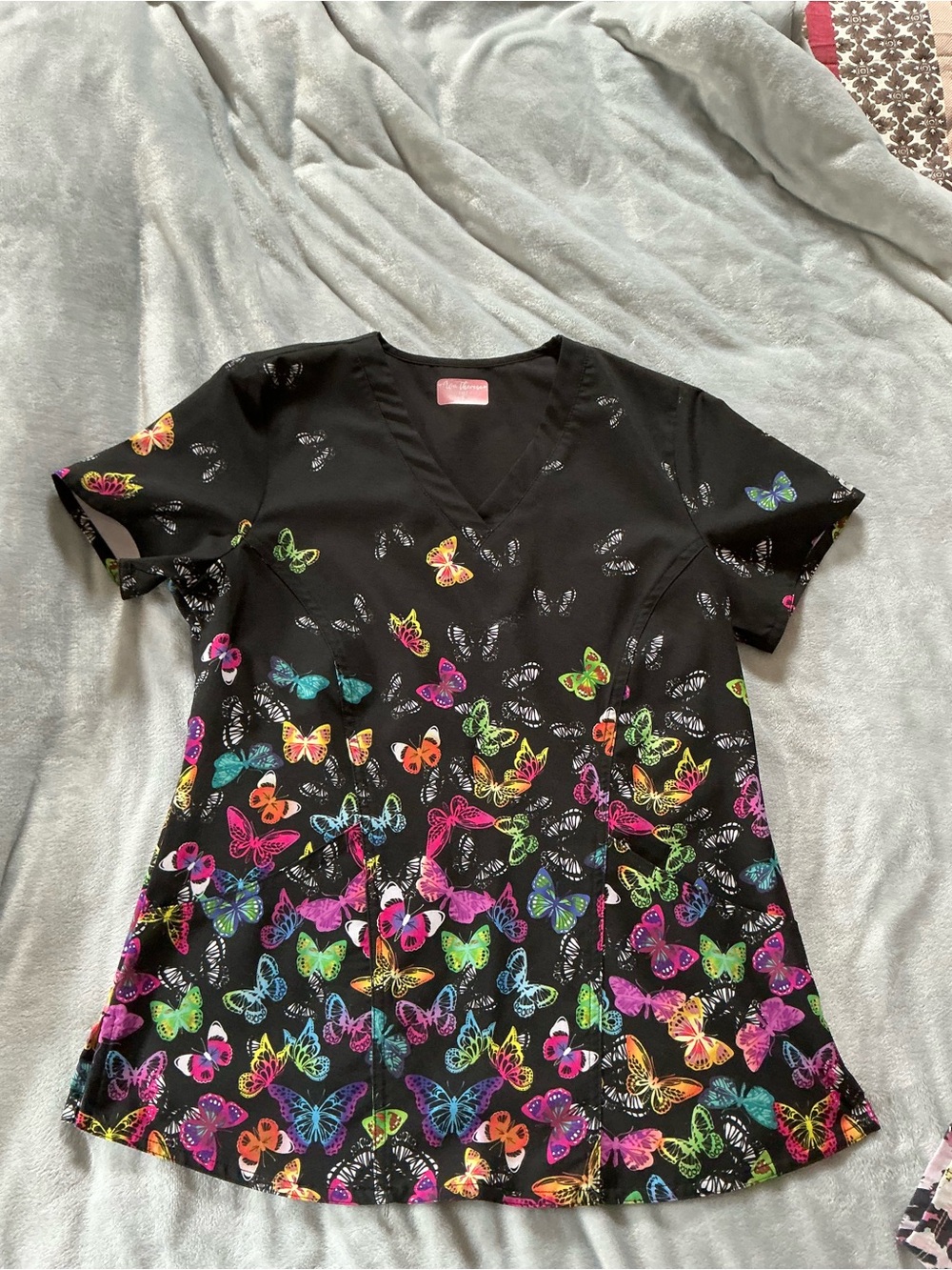 Butterfly Print Black V-Neck Scrub Top